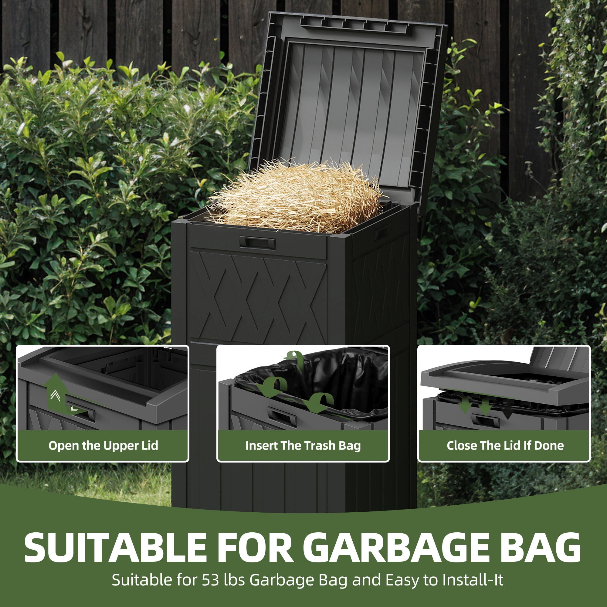 Uforic 33 Gallon Outdoor Trash Can, Layered Lid with Drip Tray, Waterproof Garbage Bin for Patio, Deck, Backyard, Black