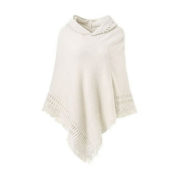 Women Winter Warm Knitted Hooded Poncho Cape Solid Color Crochet Fringed Shawl Wrap Oversized Pullover Cloak Sweater Top