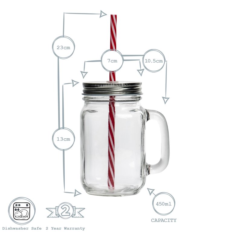 2 - 6 X CLEAR GLASS MASON JARS DRINKING SUMMER COCKTAIL JAR HANDLE & STRAW  450ML