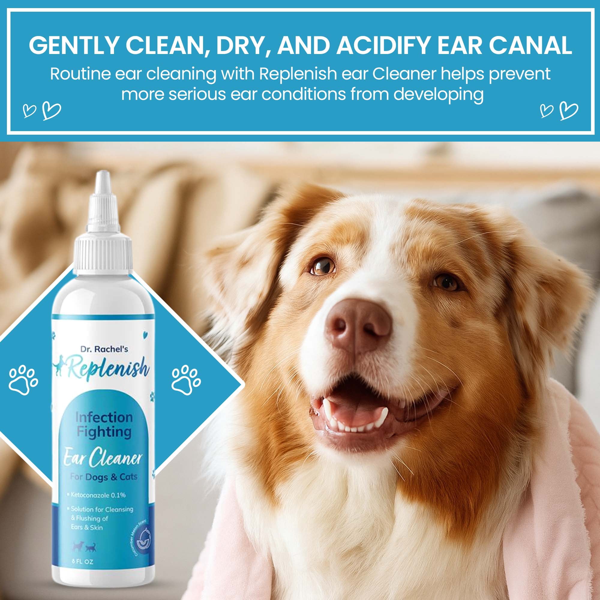 Replenish Dog Anti Itch Ear Cleaner Flush for Dogs and Cats – Advanced Ear Cleanser with Ketoconazole – Deodorizing Support – 8 oz