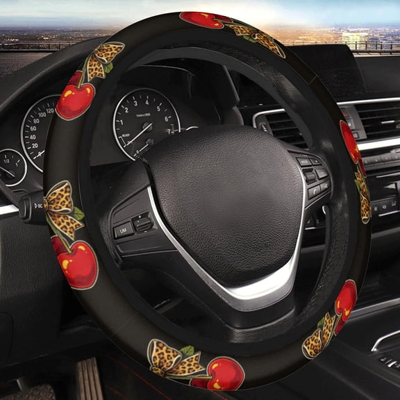 Car Steering Wheel Cover for Women Men, Non-Slip Breathable Steering Wheel, Vintage Leopard Bow Red Cherry Steering Wheel Protector, Car Accessories, Universal 14" 02/2-15" Fit Auto, Suvs