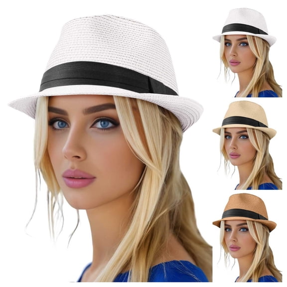 GPOECD Women Straw Hat Summer Small Brim Beach Outdoor Travel Sun Visor Casual Elegant Bohemian Style 01_White,One Size