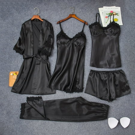 

WGOUP Women s 5PC Satin Lace Camisole Trousers Shorts Nightdress Robe Pajamas Lingerie Black(Buy 2 Get 1 Free)