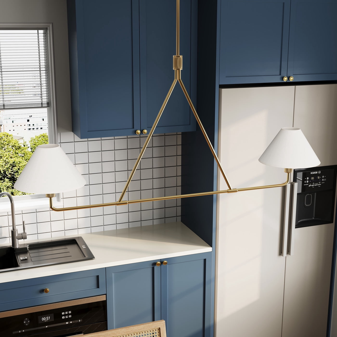 Aiwen Gold Pendant Light Modern Linear Chandelier 2-Light Kitchen Island Lighting Fixture with Fabric Shade