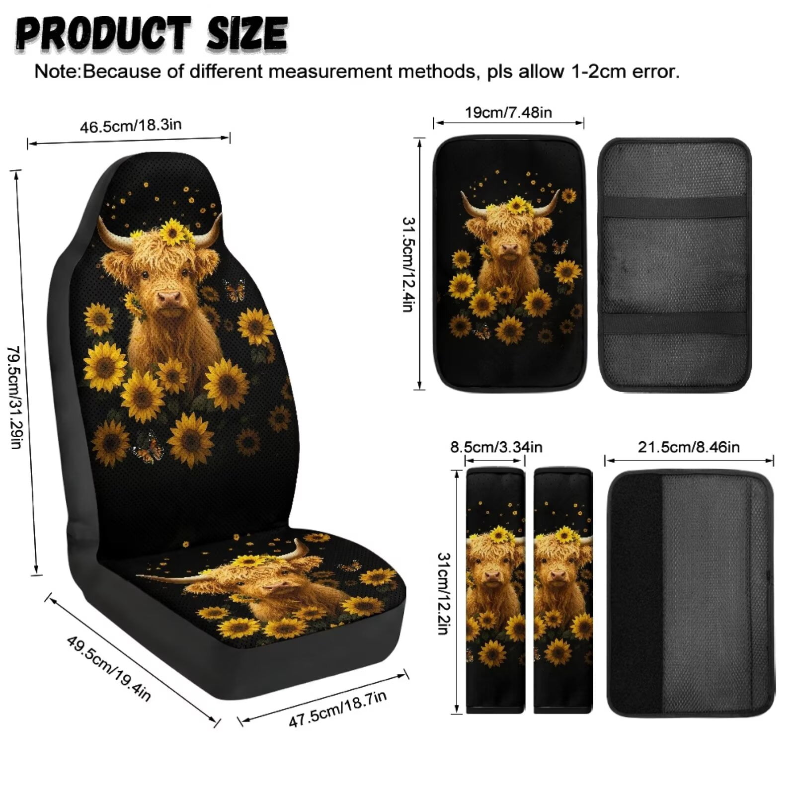 Xixirimido Leather Seat Cover Front Seats Only, Universal Fit Auto Front Seat Covers for Sedan Van SUV Truck 5 Pcs Set with Seatbelt Covers & Center Console Cover, Black Highland Cattle Sunflower