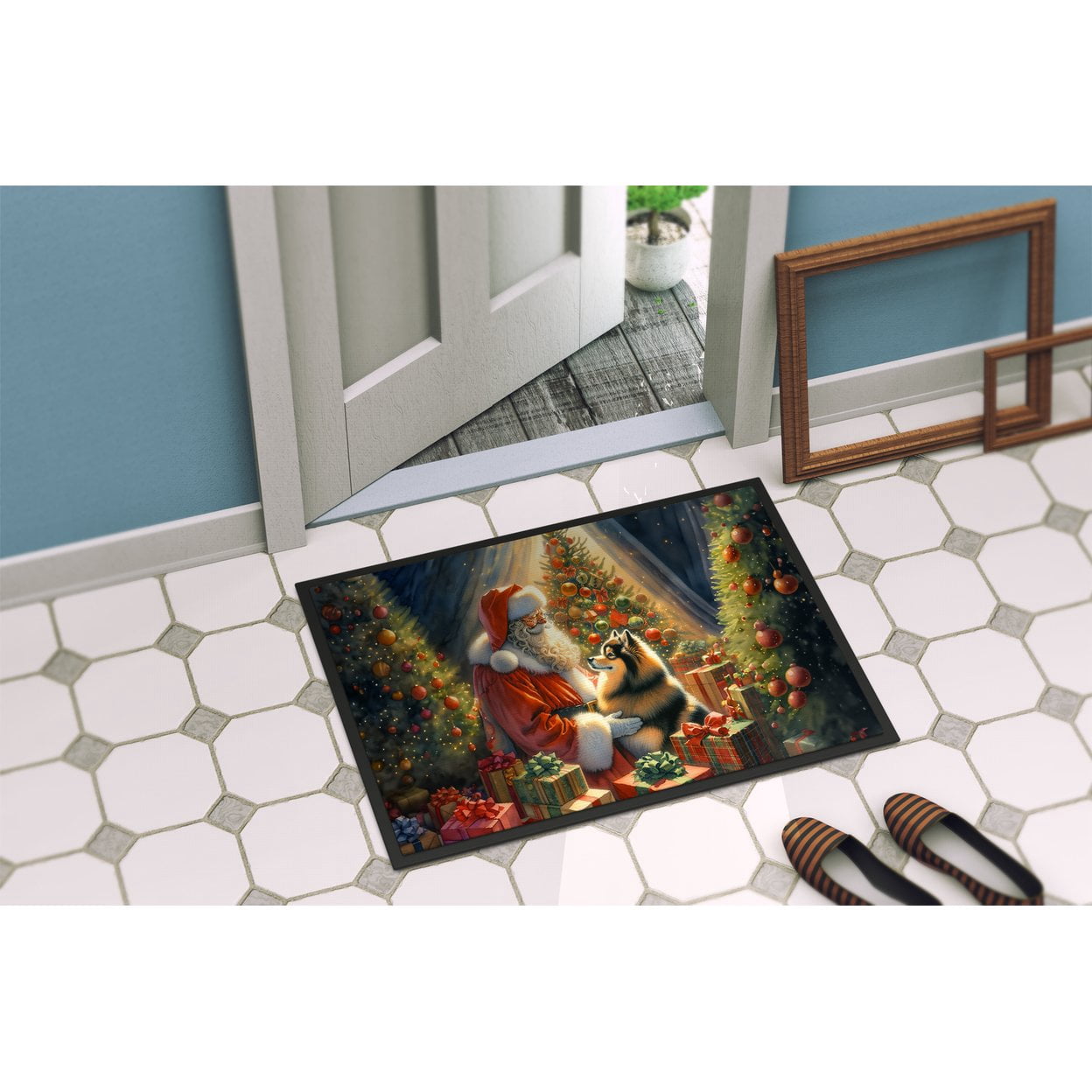 Caroline's Treasures DAC4109MAT Finnish Spitz and Santa Claus Doormat Front Door Mat Indoor Outdoor Rugs for Entryway, Non Slip Washable Low Pile, 18H X 27W