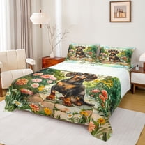 Homewish Kawaii Rustic Dachshund Queen Sheet Sets for Kids, Spring Garden Flower Flat Sheet, Groovy Floral Queen Fitted Sheet, Ultra Soft Bedroom Decor, 4pcs