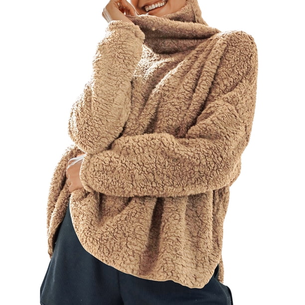 Sudadera de mujer, Mujeres Fleece Pullover Cuello alto Manga larga Fuzzy Warm Casual Sudaderas Abanopi Beige/Medio