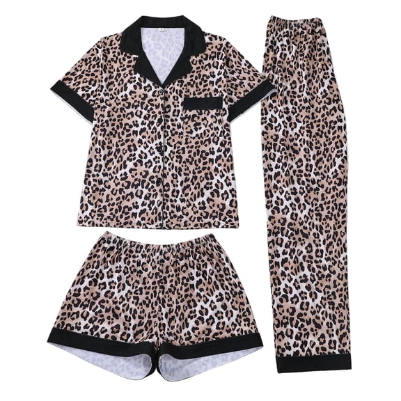 XIYON Pajama Sets For Women Short Sleeve Shirt With Shorts And Pants Three Piece Loungewear Comfortable Sleepwear Homewear Leopard Printed Soft Sleepwear Loungewear