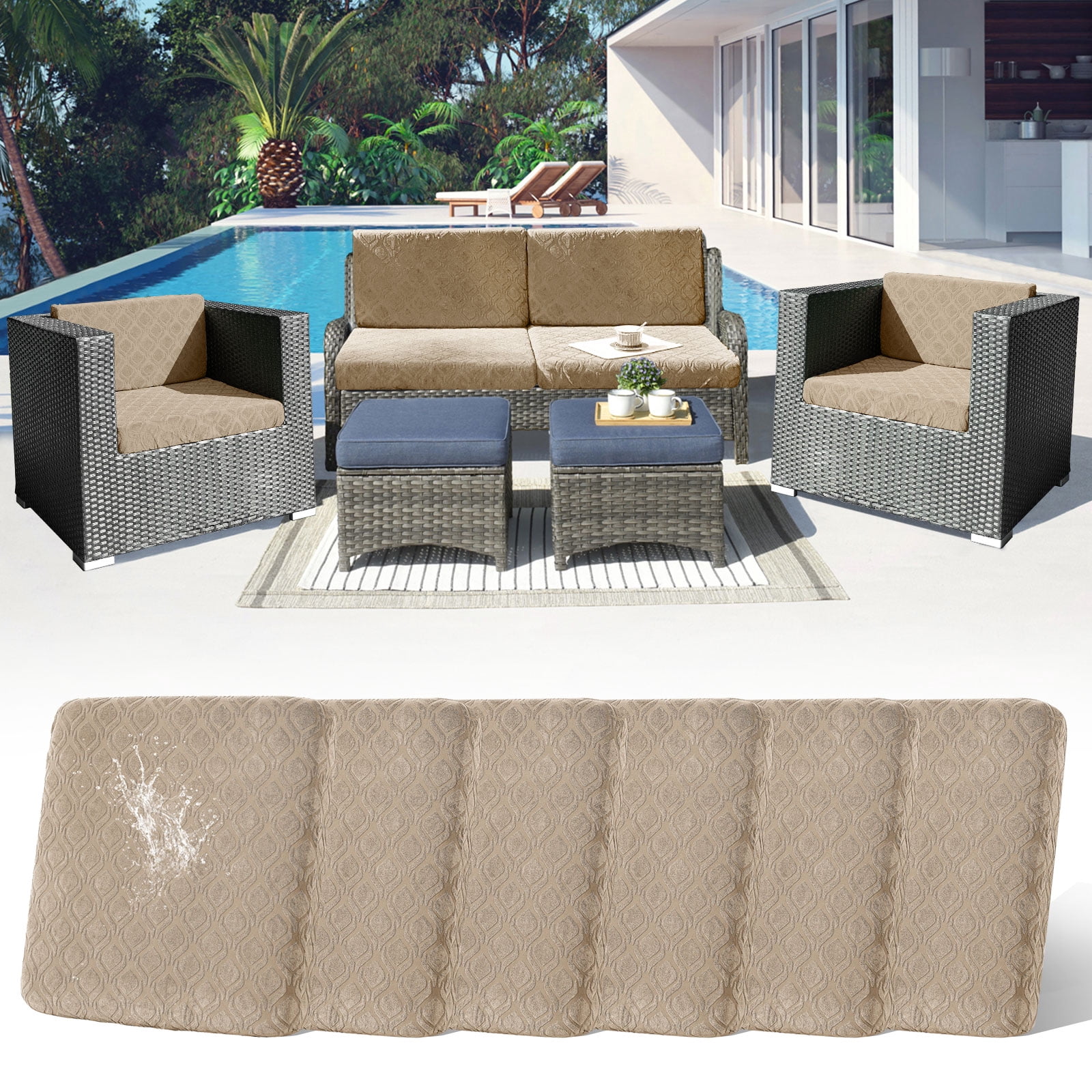 Topchances 6Pcs Patio Cushion Covers, Stretch Outdoor Water Resistant Sofa Cushion Cover Replacement for Patio Furniture Protector (Khaki)