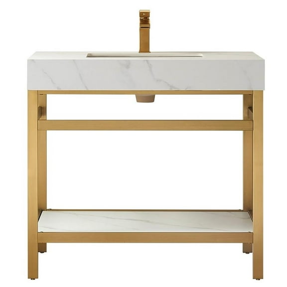 Funes 36" Single Sink Bathroom Vanity in Brushed Gold Frame White Top No Mirror