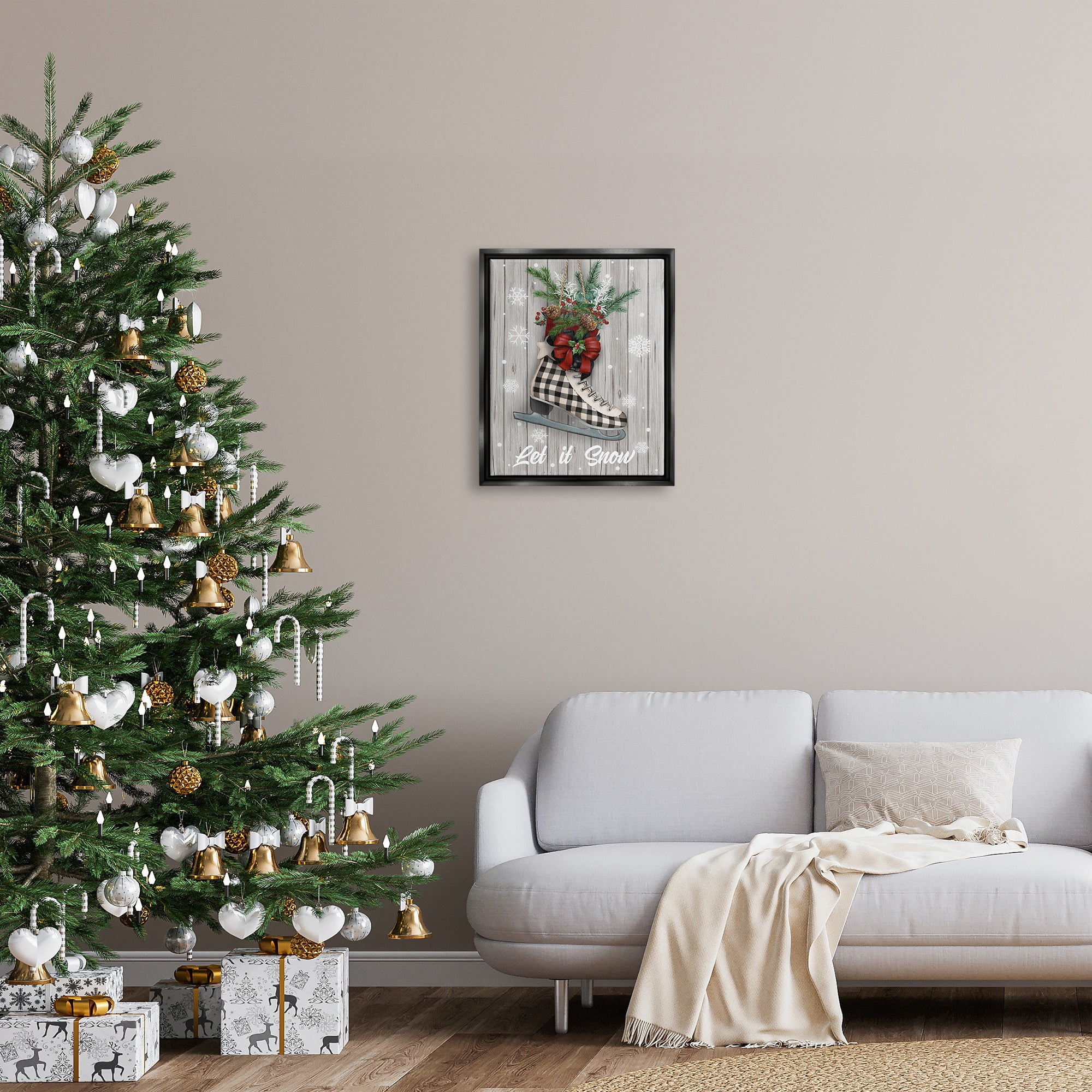 Stupell Industries Let it Snow Ice Skate Holiday Painting Black Floater Framed Canvas Art Print Wall Art, 17 x 21