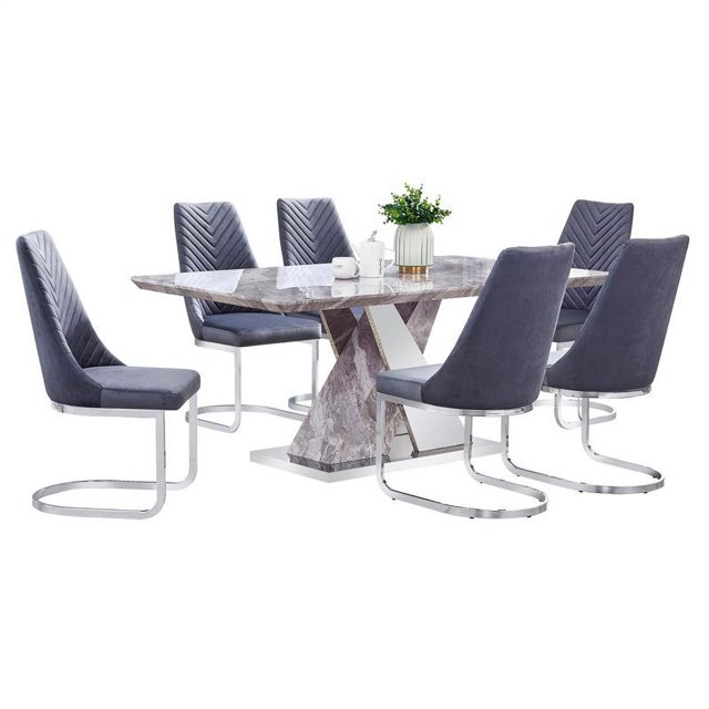 Faux White Marble Dining Set with Chairs and Silver Stainless Steel