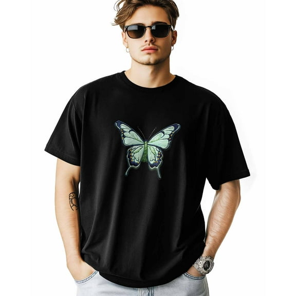 Men's T-Shirt Sage Green Butterfly Embroidery Short Sleeve Casual Tee Classic Crew Neck T-Shirt for Men, M