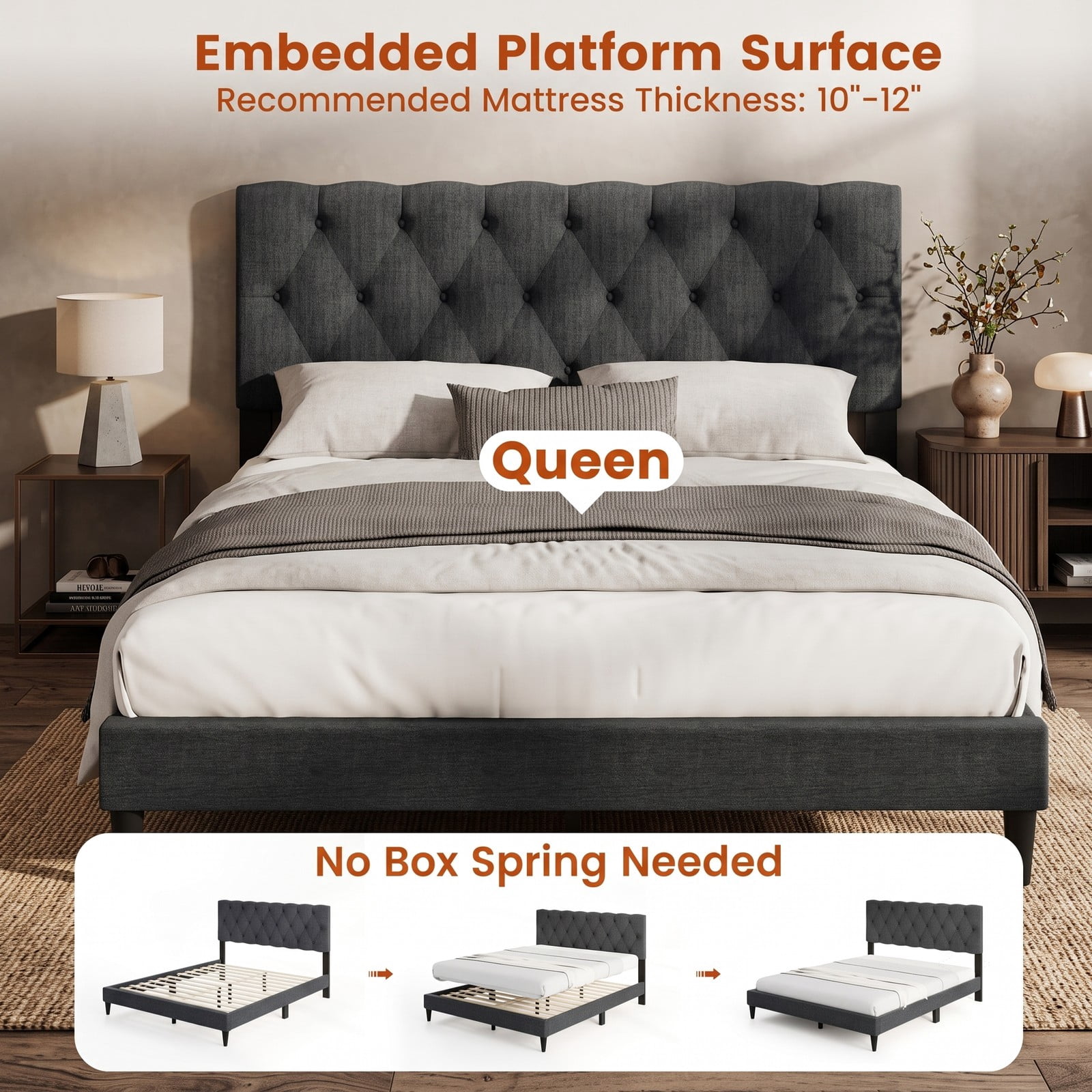 Furnibear Queen Bed Frame, Upholstered Platform Bed Frame with Tufted Wingback Headboard, Queen Bed Frame with Headboard and Slat Support, Gray