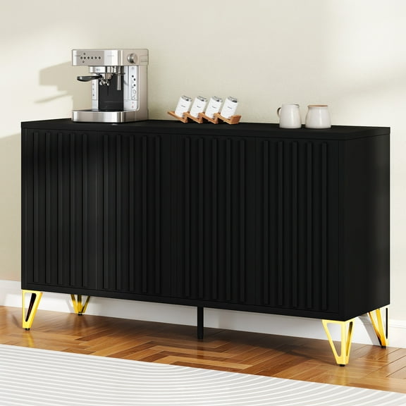 ModFusion 55" Sideboard Buffet with 3 Adjustable Shelves, Metal Frame & Doors, Modern Black Storage Cabinet with Gold Legs