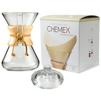 Chemex Classic Wood Collar and Tie Glass 30 Ounce Coffee Maker with Cover and 100 Count Bonded Unbleached Pre-Folded Square Coffee Filters