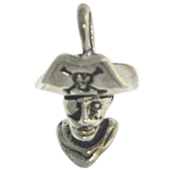 Sterling Silver 16" .8mm 3D Pirate Head Skull And Cross Bones Hat And Eye Patch Pendant Necklace