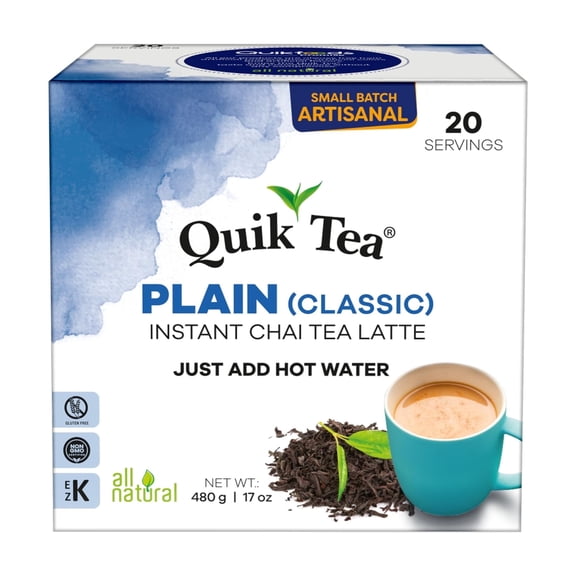 QuikTea Instant Plain Chai Tea Latte – 20 Count, pure chai taste, nothing more, nothing less, low Caffeine, No artificial colors, flavors or preservatives – Just Add Hot Water, Kosher, non-GMO