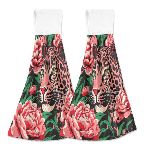 BZSMCE Hanging Hand Towels Fashion The Leaping Leopard Pattern 2-Pack - Velcro Style Bathroom Kitchen Towels