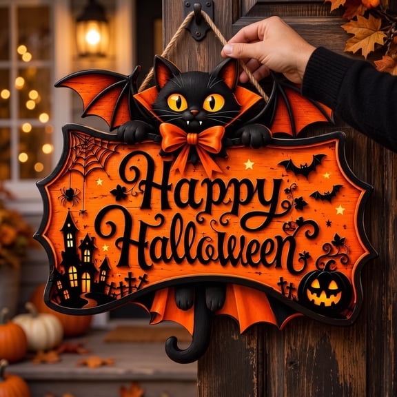 Halloween Door Sign 12 Inch Black Cat Halloween Decor Spooky Halloween Decorations Fall Front Door Decor for Front Porch Wall Home Party, 1 Pack
