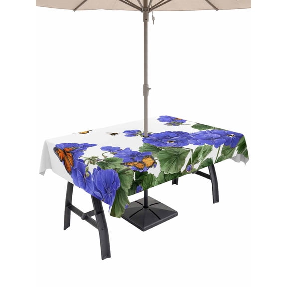 Outdoor Tablecloths with Umbrella Hole & Zipper, Purple Spring Floral 60 x102 Inch Rectangle Tablecloths, Butterfly Farmhouse Waterproof Table Cloth, Patio/Pool/Picnic Table Covers