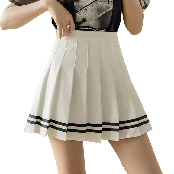 Womens High Waist A-Line Pleated Skirt School Girl Uniform Double Striped Print Casual Short Skater Skirts