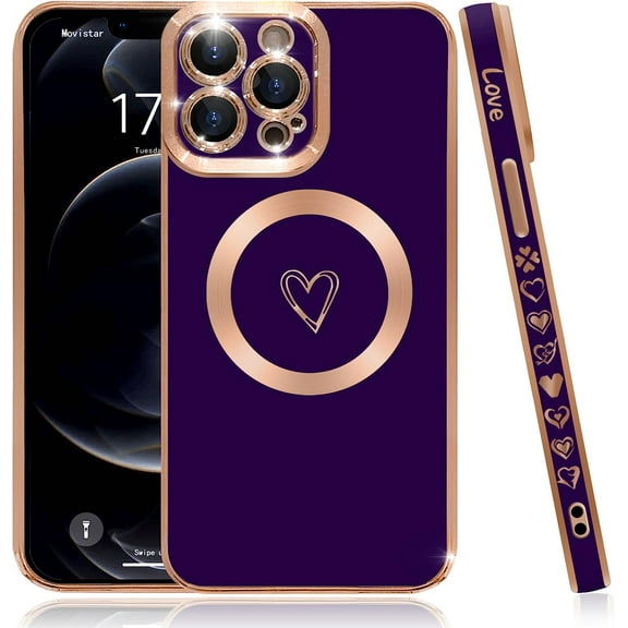 Compatible with iPhone 12 Pro Case Magsafe, Cute Heart Pattern Luxury Plating Full Camera Lens Protection Magnetic Case for iPhone 12 Pro for Women Girl-Deep Purple