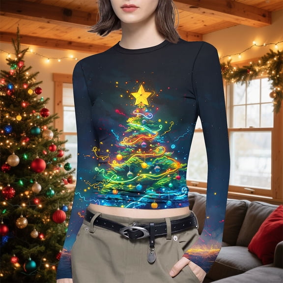 FDGIU 2025 Women's Funny Christmas Shirt - Long Sleeve Crew Neck Tunic Top, Cute Holiday Print for Party & Family Gathering