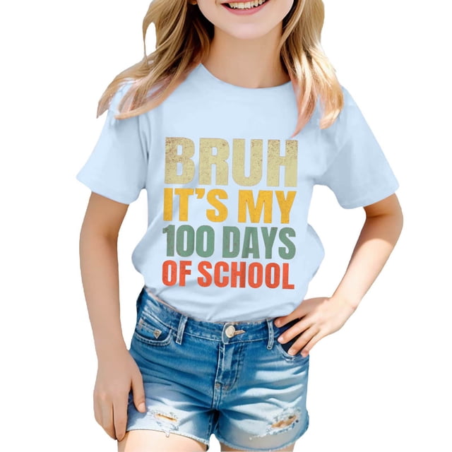 SUXIAN T-Shirts pour Enfants Mode Décontractée Imprimé Col Rond Ample Manches Courtes T-Shirt Haut Col Rond Hauts pour Filles Bleu Clair_002 3-4 Ans