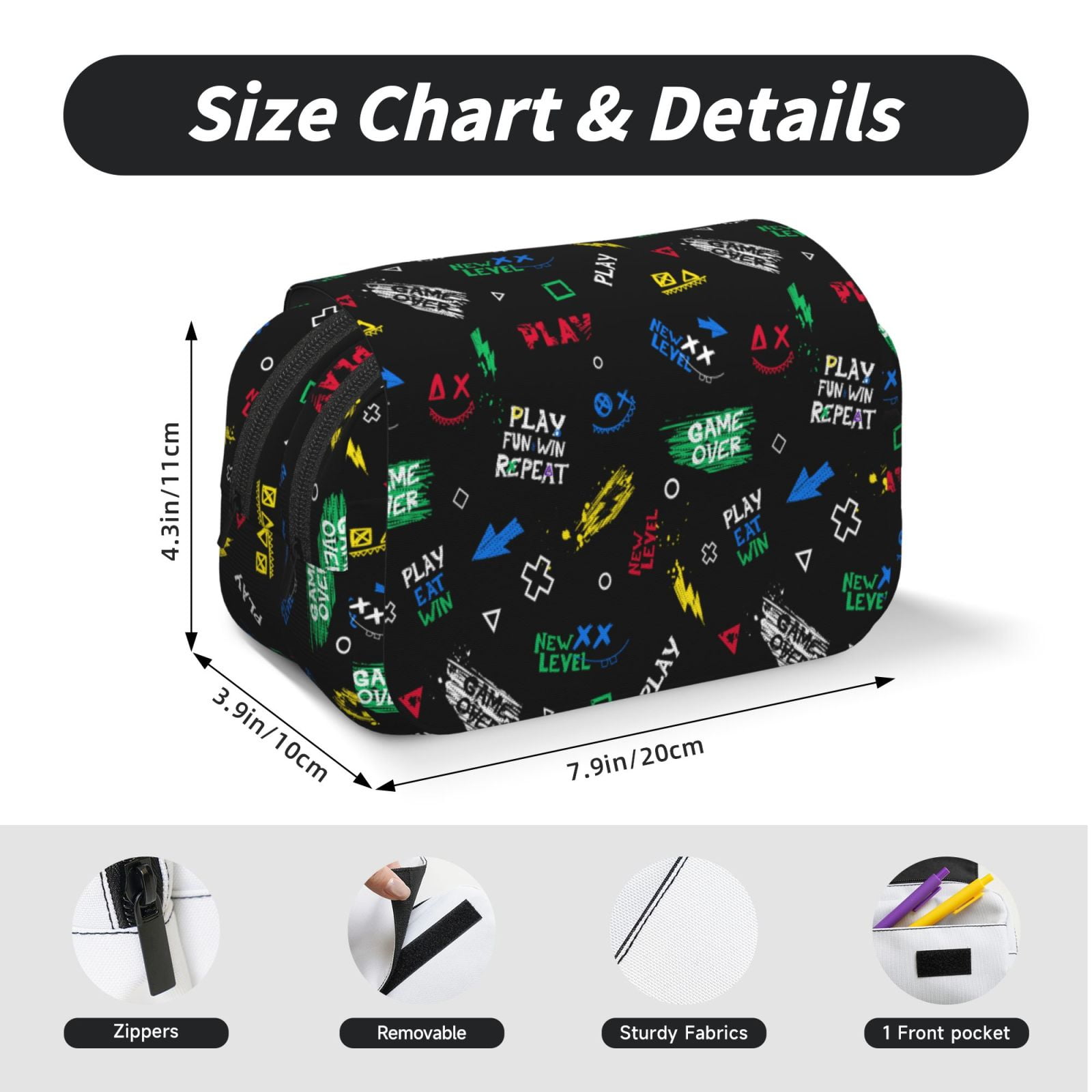 Rateoe Gamepads Pattern Double Clamshell Pen Case, Storage Organizer with Two Zipper Compartments– Holds Up to 50 Pencils & Pens