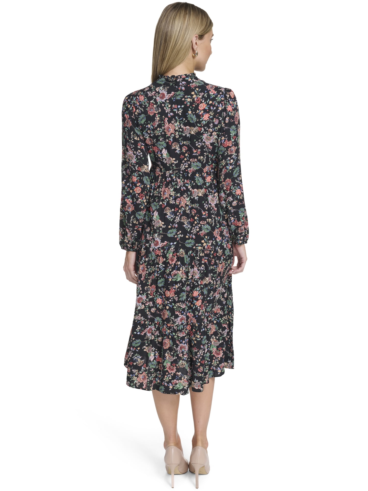 Falling Flowers Women's Notch Ruffle Collar Tiered Midi Dress, Sizes XS-XL