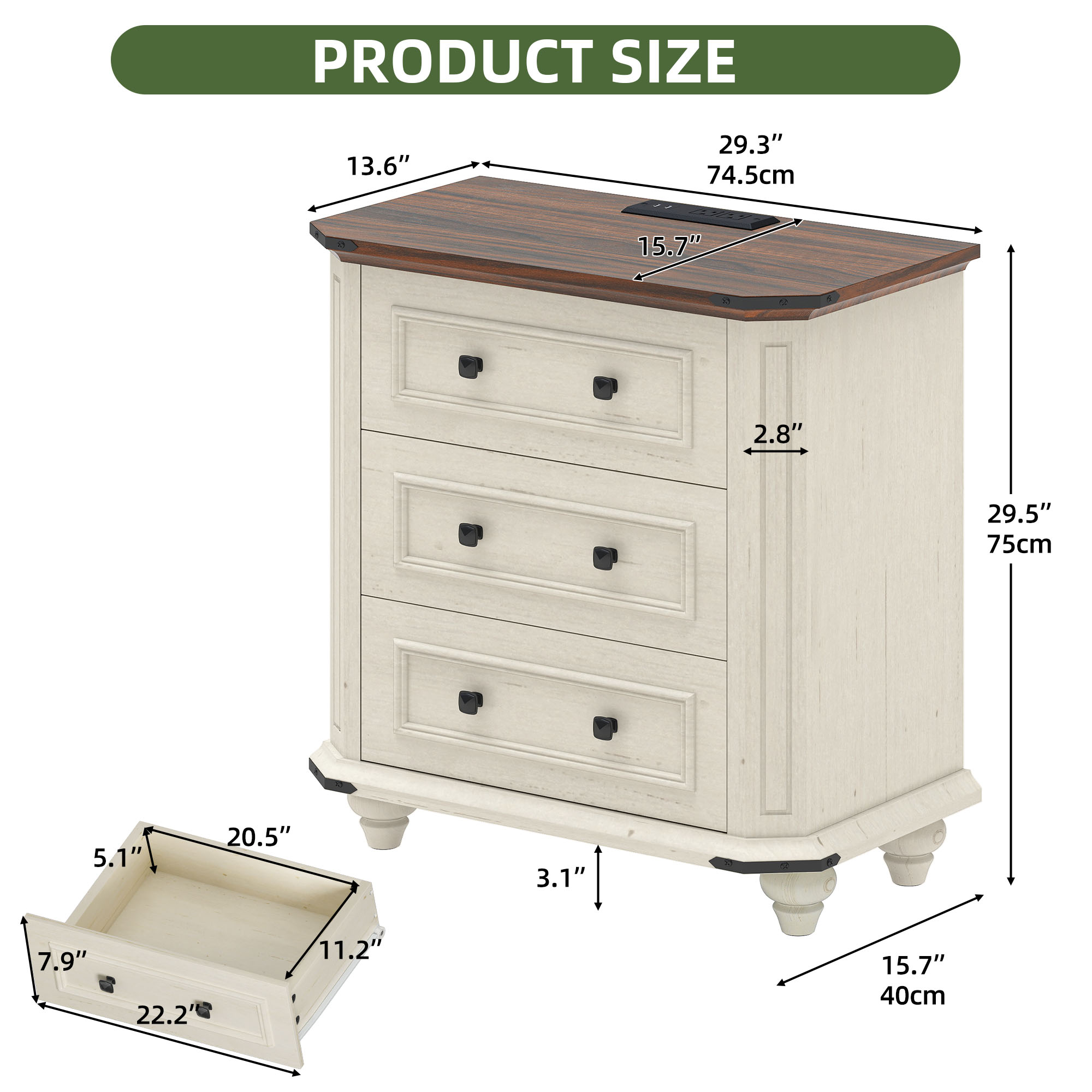 Uforic Rustic Nightstand with Charging Station & Drawers, Bedside Table for Bedroom, White
