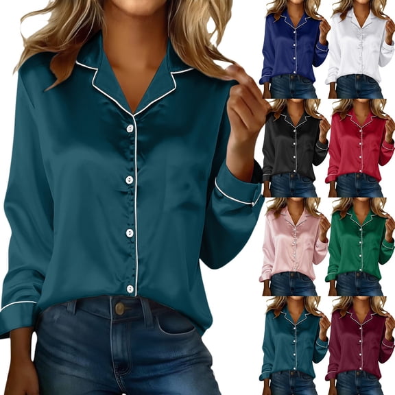Endives Womens Satin Blouses Button Down Shirts Long Sleeve Shirt Lapel Collar Shirt Womens Tops Pink