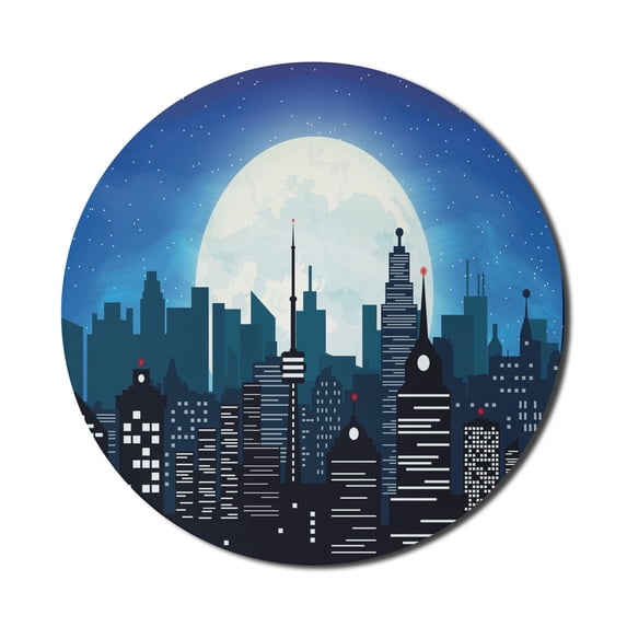 City Mouse Pad for Computers, Silhouette Cityscape Under Night Sky with Full Moon Urban Architecture Modern Capital, Round Non-Slip Thick Rubber Modern Mousepad, 8" Round, Multicolor, by Ambesonne
