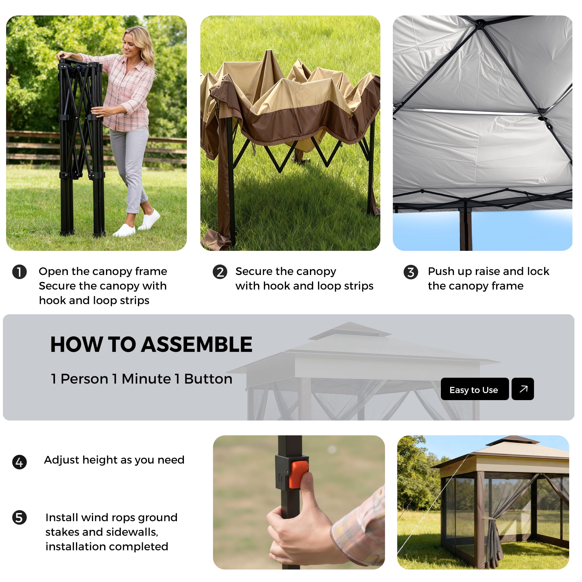 Advwin 11x11 Pop Up Gazebo Tent with Netting, Instant Outdoor Canopy Shelter with Wheeled Carry Bag, Double Roof Vent, 3 Adjustable Heights, Portable Canopy for Patio