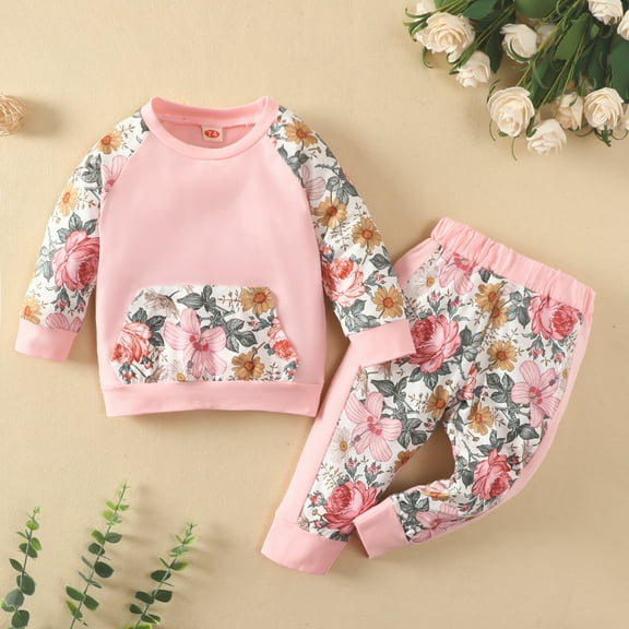 WOYY Newborn Girl's Sweatsuits Floral Pocket Crewneck Sweatshirt Jogger Pants Outfit Sets