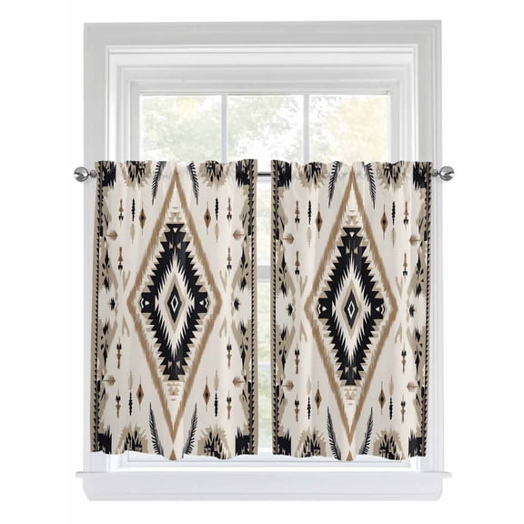 Kitchen Curtains 54 Inches length, Boho Black Brown Window Treatment Curtain Drapes, Retro Geometric Southwestern Ethnic Thermal Insulated Drapes for Basement Hotel RV, 42"x54", 2 Panels