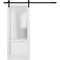 Sliding Barn Door with Hardware | Lucia 22 White Silk with Frosted Opaque Glass | Top Mount 6.6FT Rail Hangers Sturdy Set | Lite Wooden Solid Panel Interior Doors-42" x 84"-Frosted Glass-Black Rail