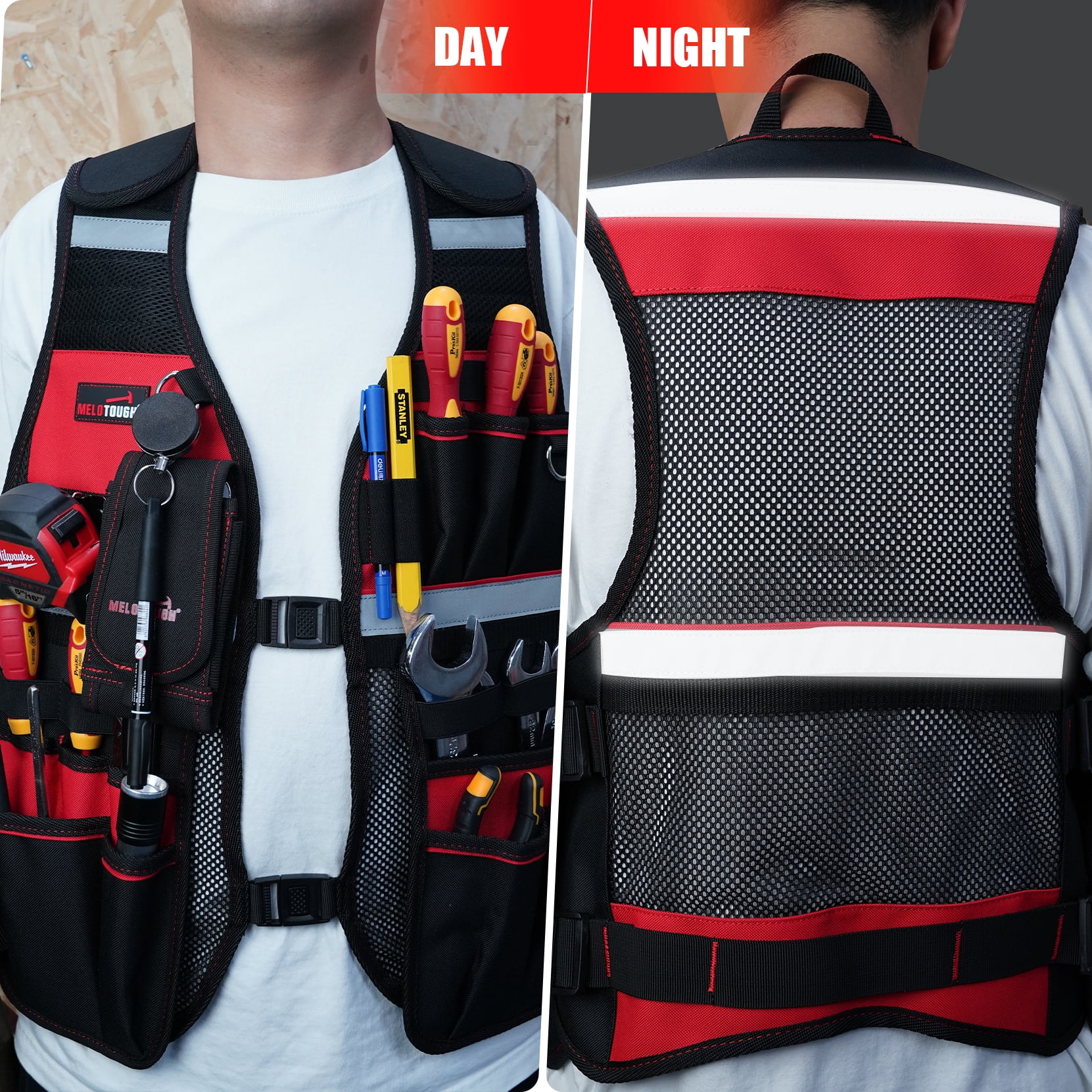 MELOTOUGH Tool Vest for Men Reflective Safety Tool Vest with Adjustable Straps,Removable Phone Holder for Electrical,Carpenters,Construction(Red)