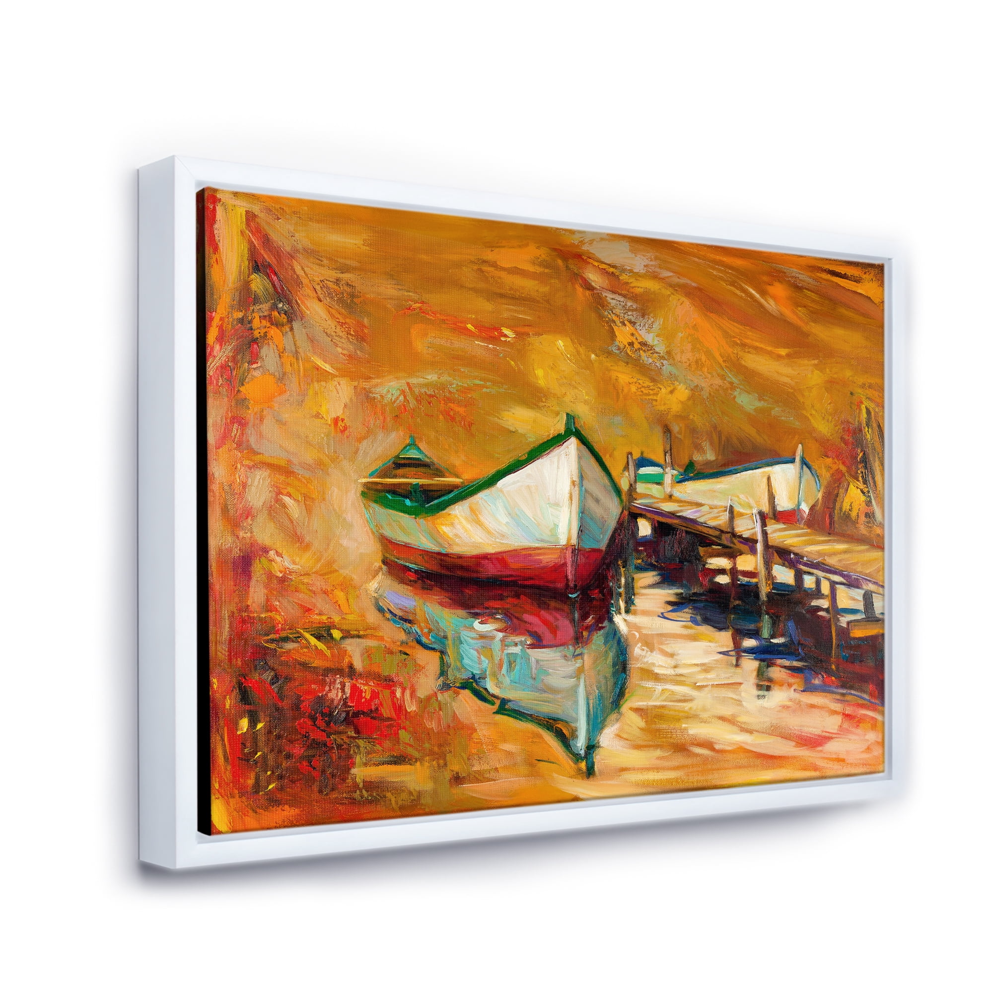 Designart 'Red and White Boats By The Pier' Nautical & Coastal Framed Canvas Wall Art Print