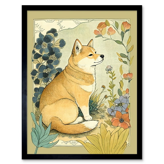 Shiba Inu Dog in Flower Field Modern Pastel Watercolour Illustration Art Print Framed Poster Wall Decor 12x16 inch