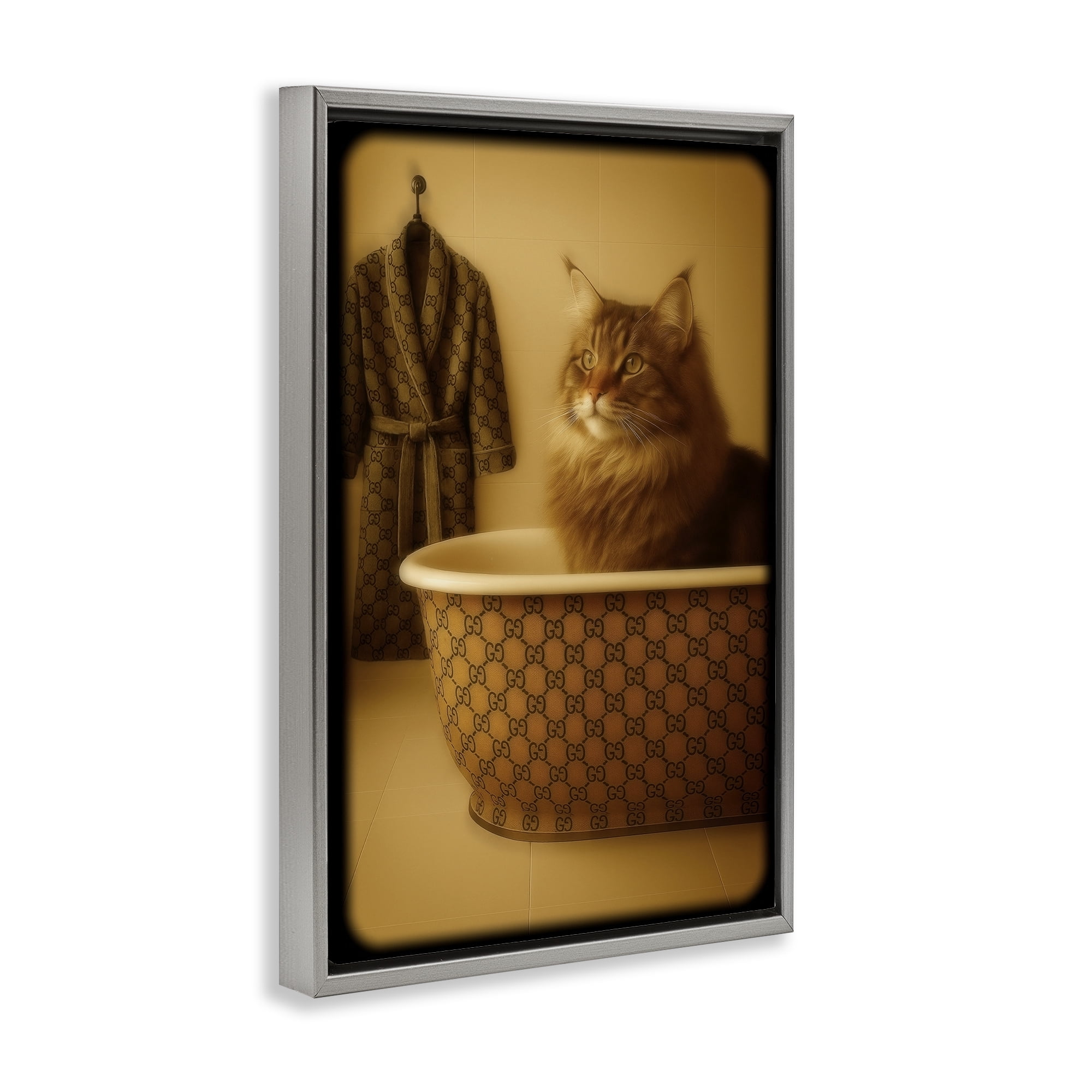 Stupell Industries Couture Main Coon in Luxury Tub Gray Framed Floater Canvas Wall Art, design by Grotto Studios