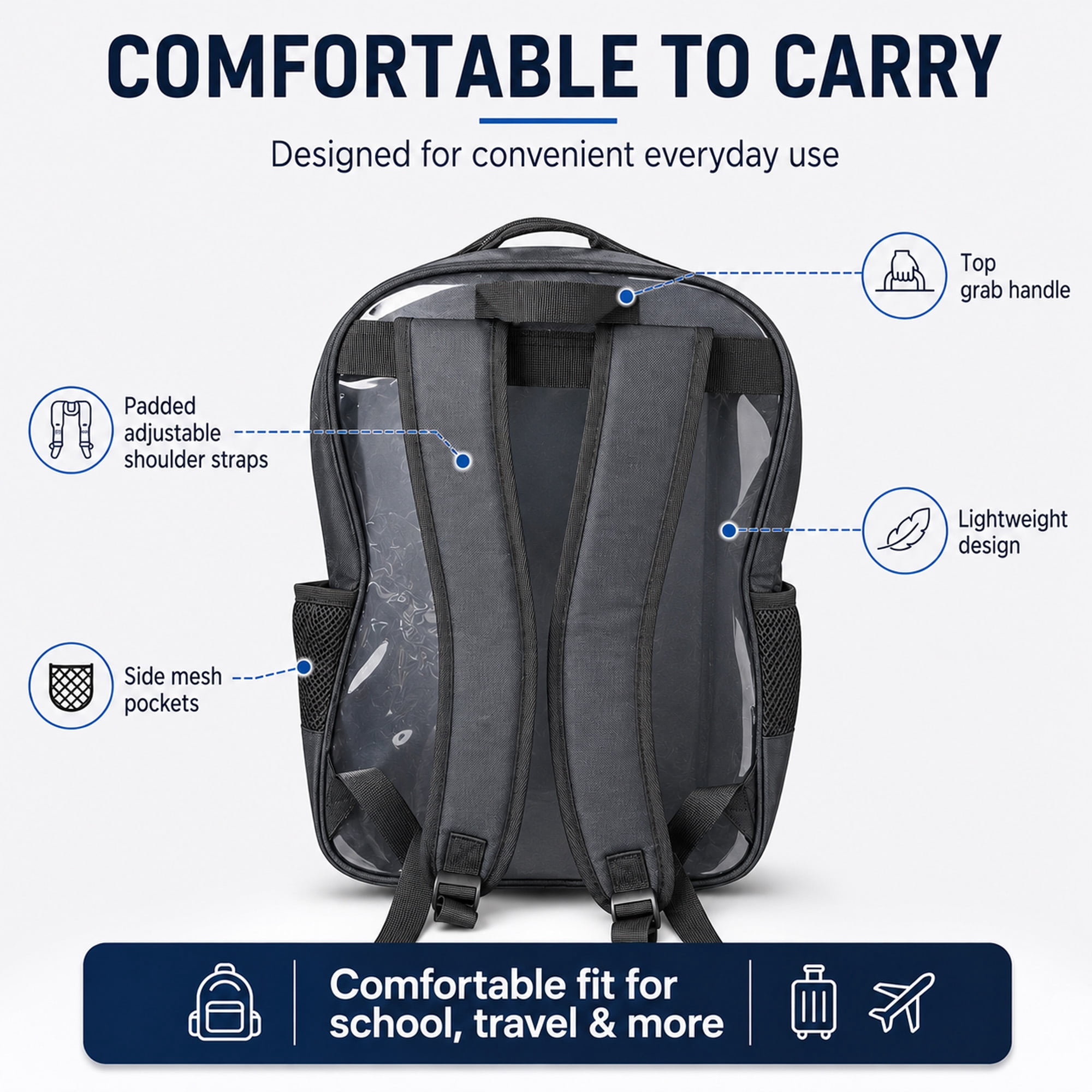 Large Clear Backpack with Dual Front Pockets, Padded Adjustable Straps and Side Mesh Pockets for School, Work & Travel