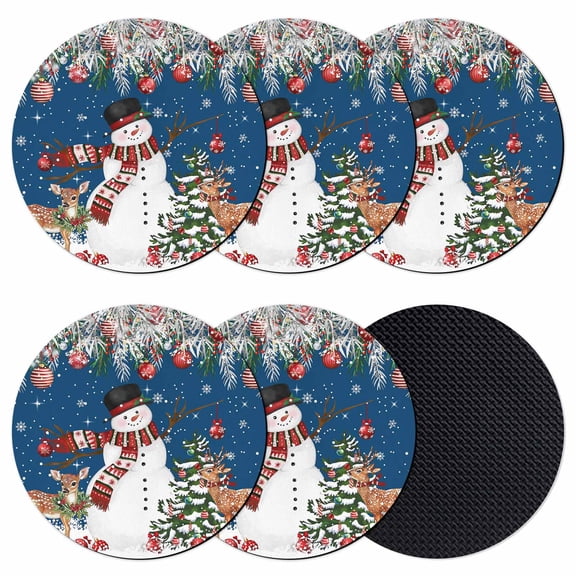 Navy Blue Christmas Coasters Set of 6, Absorbent Coasters for Drinks, Snowman Xmas Tree Ball Elk Snowflake Coaster for Desk Coffee Table Protection, Home Decor House Warming Gifts 4"