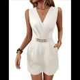 thumbnail image 3 of Ladies' Spring Summer Neck Gold Buckle Chain Solid Color Sleeveless Fashion Jumpsuit White XL, 3 of 8