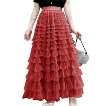 SWSMCLT Women's Ruffle Maxi Skirt Cute Casual Overlay Basic Fashion Tiered Long Tulle Skirt Elastic Waist Layered Red Large