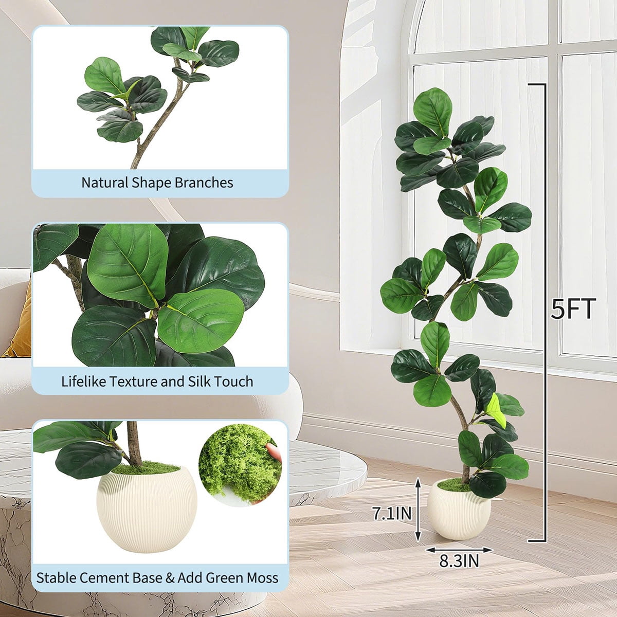 Ataucjin 5ft Fiddle Leaf Fig Artificial Tree, Faux Plants Indoor with Moss&White Planter, Fake Rubber Tall Fake Floor Plant in Pot,Artificial Trees for Home Office Living Room Decor