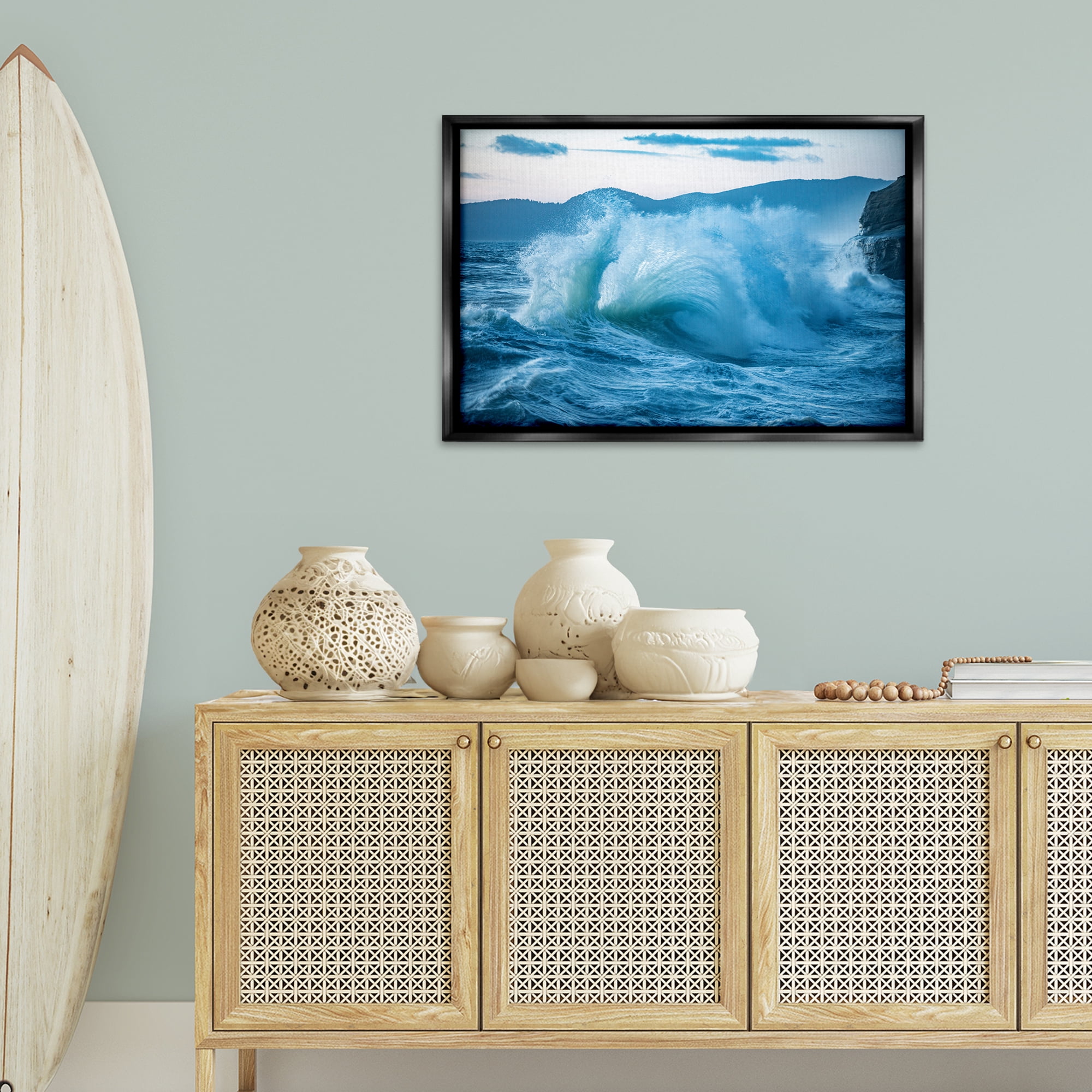 Stupell Industries Rolling Tsunami Wave Nautical & Beach Photography Black Floater Framed Canvas Art Print Wall Art, 31 x 21