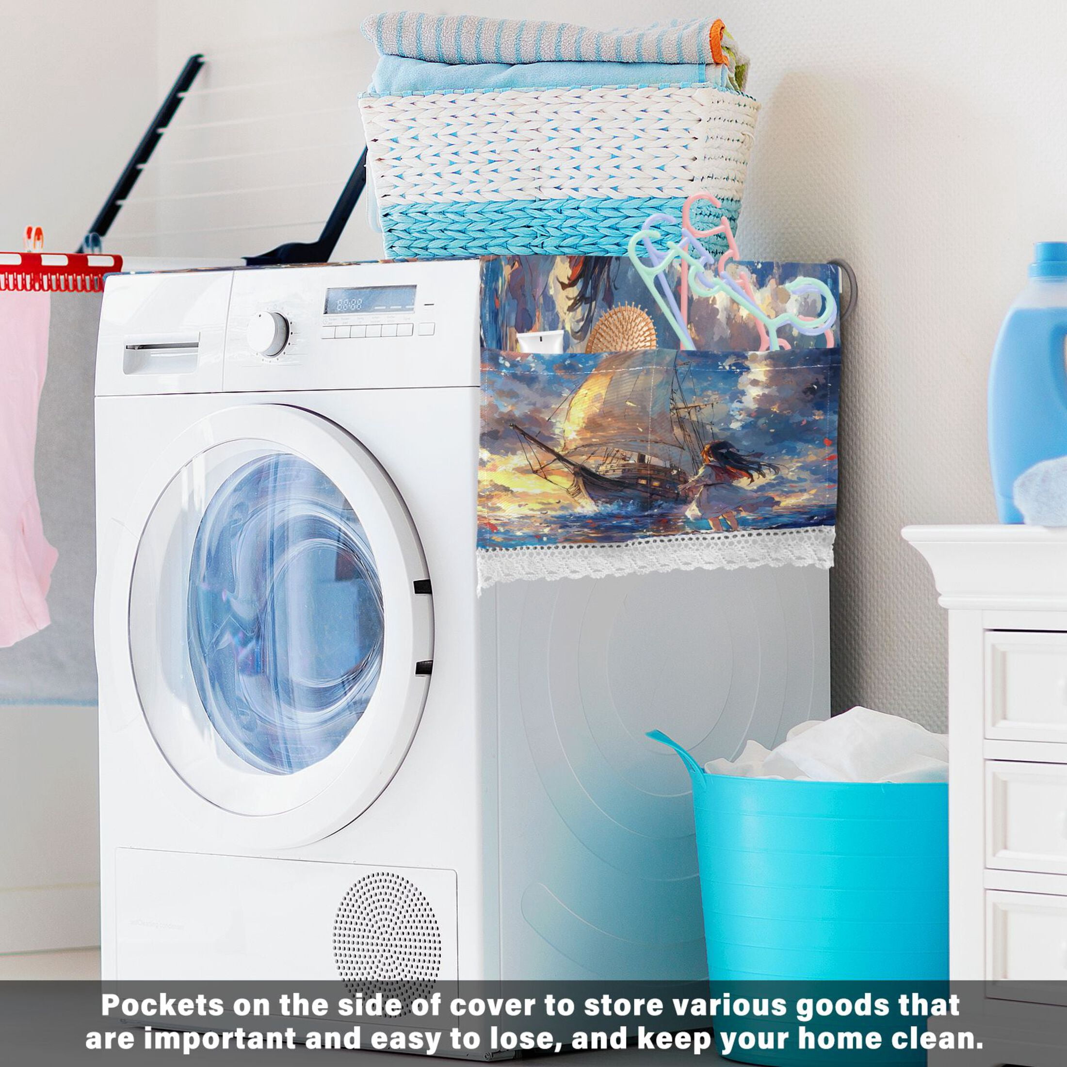 A Girl and SaiboatWasher and Dryer Covers Dust-Proof and Oil Resistant Fridge Cover with 4 Storage Pockets Washing Machine Top Cover for Laundry Kitchen Home 51.2 x 22 In